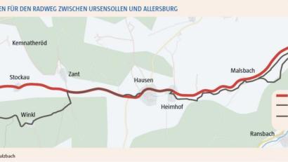 Grafik: Oberpfalzmedien
Die rote Linie zeigt den Verlauf der Kreisstraße AS 4, an der die straßenbegleitende Variante des Radwegs direkt entlangführt. Grau ist die Alternativroute, die bestehende Wirtschaftswege nutzt.