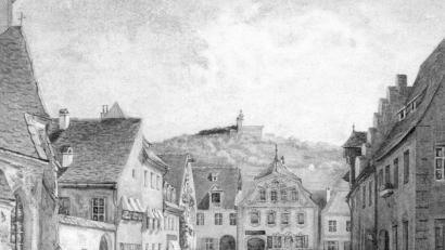 Bild: exb
Der „Türkenwirt“ am oberen Ende der (heutigen) Bahnhofstraße vor 1859.