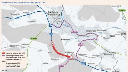 Grafik: Oberpfalz-Medien
Der Plan zeigt das vollgesperrte Teilstück der B 85 und die möglichen Umfahrungen.