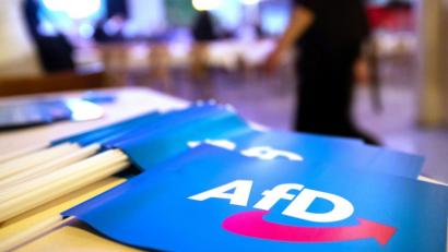 Bild: Daniel Karmann/dpa
Fähnchen mit dem Logo der AfD liegen beim Landesparteitag der AfD Bayern auf einem Tisch.