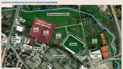 Bild: Grafik Oberpfalz-Medien
Die zukünftigen Sportanlagen der SpVgg SV Weiden am Wasserwerk