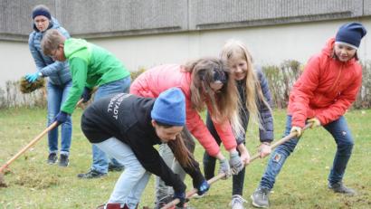 Bild: Gabi Schönberger
Hier soll eine Blumenwiese entstehen: Schüler des Gymnasiums Neustadt entmoosen am Umweltaktionstag zusammen den Rasen.