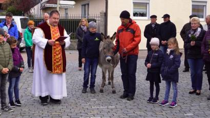 Bild: weu
Pfarrer Urban segnete die Palmbuschen. Der Kirchenzug mit Esel soll an den Einzug Jesus in Jerusalem erinnern.