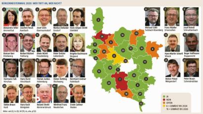 Grafik: Oberpfalz-Medien
So sieht die Bürgermeister-Karte des Landkreises Amberg-Sulzbach derzeit aus. Grün sind die Kommunen markiert, in denen die Amtsinhaber 2020 wieder antreten.