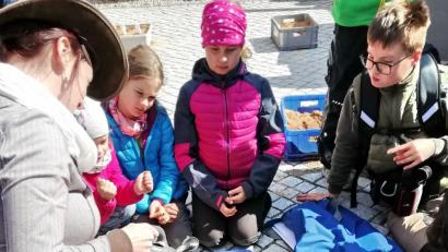 Bild: hai
Geoparkrangerin Michaela Hoffer zeigt den Speichersdorfer Kindern, wie sie mit etwas Sand, Backpulver und Essigwasser einen Vulkan simulieren können.