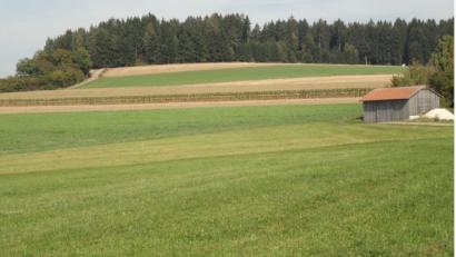 Bild: ken
Die Fluren „Gleiritsch-Äcker“ (Fundstelle des Spinnwirtels) sind links zu sehen. Rechts daneben, etwa ab der Scheune, befindet sich der westliche Teil der Ortsflur „Spitznenwies“ bzw. „Spitzl“ (Fundstelle des Mahlsteins).