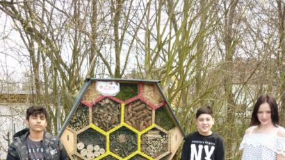 Bild: exb
Die Mittelschüler mit dem von ihnen ausgestatteten Insektenhotel im Schulgarten.