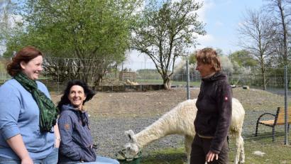 Bild: szl
Seit 2017 hat Jutta Fischer (rechts) ihren eigenen Lama-Hof mit fünf Tieren bei Terschnitz. Christina Ponader, Projektleiterin vom Netzwerk Inklusion, und Mitterteichs Behindertenbeauftragte Doris Scharnagl-Lindinger (von links) besichtigen das Heimat-Unternehmen, um den Hof in den Freizeitführer „Freizeit Inklusiv“ aufzunehmen.