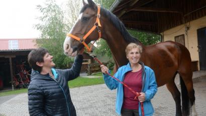 Bild: Gabi Schönberger
Heidrun Heiselmayer und ihr Pferd Calando verbringen zwei Nächte bei Helga Dirnberger (links) in Engleshof bei Pirk.