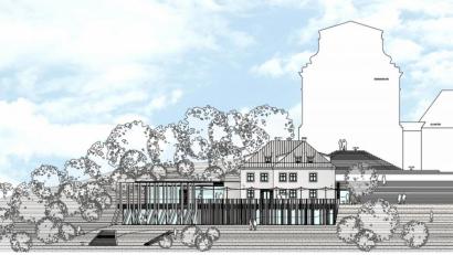 Bild: Georg Zunner/exb
Ansicht der „neuen“ Bergwirtschaft, wie sie sich ab 2021 präsentieren wird. Der denkmalgeschützte Altbau wird in seinen historischen Zustand zurückversetzt und um einen Anbau ergänzt, der größtenteils im Berg „versteckt“ wird, wie der Entwurf von Architekt Georg Zunner zeigt.