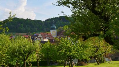 Bild: Günter Moser
Auf dem Rückweg kommt man am Ortsrand an der Katholischen Kirche St. Michael vorbei. Von hier aus hat man diesen Blick über den Obstgarten auf Königstein mit dem dominanten Turm der evangelischen Kirche St. Georg.
