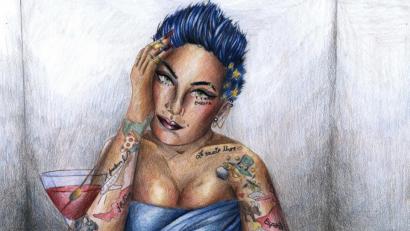Bild:  Buntstiftzeichnung von Jessica Schmiegel (19), 11. Klasse
"Europa im Jetzt und Hier": Statt Bürokratie ist Bürgernähe gefragt. Europa hat einen Punk in den Farben der Europaflagge und ist mit den Fahnen der europäischen Länder tätowiert.