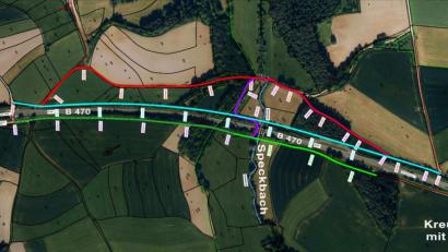 Grafik: Staatliches Bauamt Amberg-Sulzbach
Die drei vom Bauamt betrachteten Trassenvarianten für den Geh- und Radweg entlang der B 470. Die hellgrüne unten wird bisher favorisiert.