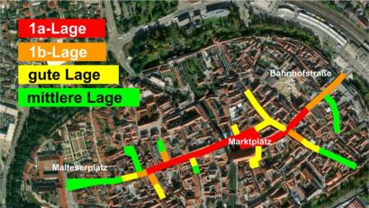 Grafik: upl
Für die rot eingezeichneten 1a-Lagen sind in der Amberger Altstadt inzwischen 1000 Euro pro Quadratmeter Grund fällig.