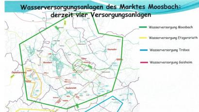 Repro: gi
Die Marktgemeinde Moosbach hat vier getrennte Wasserversorgungen mit unterschiedlichen Gebühren: Moosbach (grüne Umrandung), Etzgersrieth (gelb), Tröbes (blau) und Gaisheim (violett)