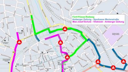 Bild: ass
Drei Routen durch die Altstadt: Von der Max-Josef-Schule über den Vilskiosk zur Amberger Zeitung (pink), unterwegs auf dem Fünf-Flüsse-Radweg (grün) und von der Amberger Zeitung zur Sparkasse in der Marienstraße (blau) waren unsere Reporter Andrea Mußemann, Rainer Fröhlich und Andreas Ascherl unterwegs.