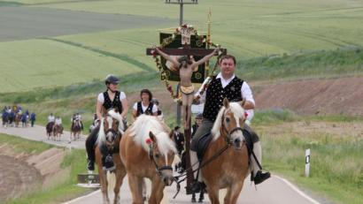 Bild: ads
Nach gutem Brauch führt Markus Bierler mit dem Kreuz auf seinem Haflinger den Reiterzug beim alljährlichen Pfingstritt in Kemnath an.