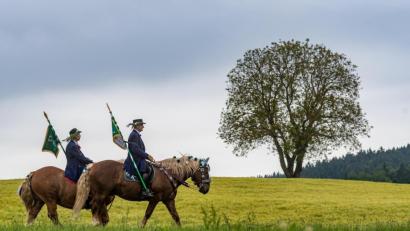 Bild: Armin Weigel
Teilnehmer des Kötztinger Pfingstritts reiten mit ihren Pferden durch die Landschaft.
