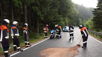 Bild: bkr
Einsatzkräfte der Feuerwehren Lenau und Kulmain reinigten nach dem Unfall die Fahrbahn von ausgelaufenen Betriebsstoffen.