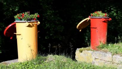 Bild: mef
Die bepflanzten Mülltonnen sind ein Blickfang.