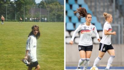 Bild: Familie Däbritz, dpa
Früher und heute: Die 12-jährige Sara Däbritz nach einem Spiel der BFV-Auswahl im Jahr 2007 und die 24-jährige Sara Däbritz im Training der deutschen Nationalmannschaft während der WM 2019 in Frankreich.