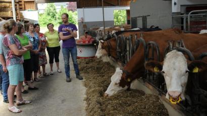 Bild: gf
Milchviehhalter Andreas Wendl (Mitte) führt die Frauen Union Gebenbach durch seinen Stall, in dem sich die Tiere frei bewegen können.