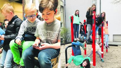 Bild: Birgit Zimmermann
Das Augustinus-Gymnasium in Weiden fragt sich: Was wollen wir: Schüler, die auf Handys starren, oder Schüler, die an Gerüsten hangeln? Derzeit läuft ein Kompromiss: Handys sind erlaubt, aber die private Nutzung ist räumlich und zeitlich beschränkt. Beide Schülergruppen auf den Bildern machen demnach nichts verkehrt.