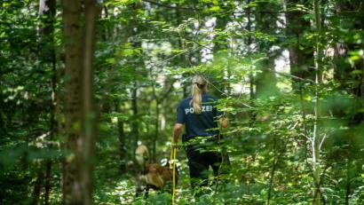 Bild: Lino Mirgeler
Eine Polizistin sucht mithilfe eines Suchhundes in einem Waldstück nach Hinweisen.