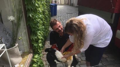 Bild: Feuerwehr Weiden
Gemeinsam untersuchen Stadtbrandrat Richard Schieder und Amtstierärztin Dr. Barbara Bäumler den in der Schulgasse herabgekrachten Jungstorch.