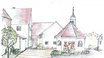 Grafik:  Landschaftsarchitekt Neidl
Dieser Entwurf zur Gestaltung des Umfelds zeigt die Kapelle in Steiningloh von Westen her.