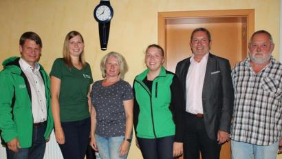 Bild: cs
Als pädagogische Fachkräfte werden (Zweite und Dritte von links) Theresa Malina und Kerstin Looshorn den Auerbacher Waldkindergarten betreuen. Mit im Bild (links) Learning-Campus-Geschäftsführer Benjamin Zeitler sowie (ab Vierte von links) Sabrina Schwabl, Gesamtleiterin der Learning-Campus-Waldkindergärten, Bürgermeister Joachim Neuß und Stadtkämmerer Michael Bierl.