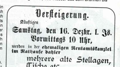 Bild: exb
Ein Zeugnis aus der Geschichte des Königlichen Rentamts in Eschenbach ist diese Anzeige aus dem Jahr 1899, in der für eine Versteigerung in der "ehemaligen Rentamtskanzlei im Rathause dahier" geworben wird. Dabei ist "Baarzahlung" angesagt.
