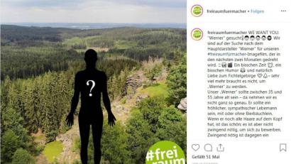 Screenshot: instagram.com/p/B0yKFQbi3Ox/
Die Kampagne "Freiraum für Macher" aus dem Landkreis Wunsiedel sucht einen Hauptdarsteller für einen Imagefilm über das Fichtelgebirge.