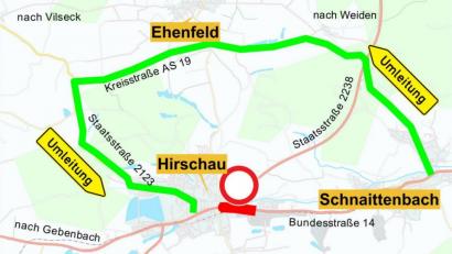 Bild: Maps4News/Oberpfalz-Medien
Ab Montag gibt es etappenweise Vollsperrungen auf der B 14 in Hirschau. Zunächst ist der Verkehr Richtung Weiden noch nicht betroffen, mit Fortschritt der Bauarbeiten werden dann aber weiträumige Umleitungen erforderlich.