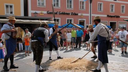 Bild: pop
Beim Marktfest war Premiere des Vereins mit der Vorführung des Drischl dreschens.