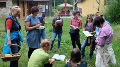 Bild: wro
Wieder wurde eine - noch fehlende - Pflanze entdeckt: Die Gruppe bestaunt den "Gewöhnlichen Teufelsabbiss".