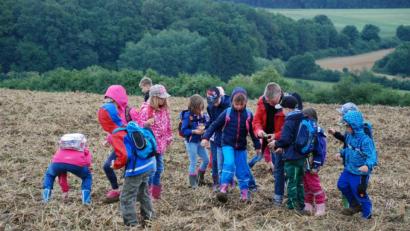 Bild: sche
Mit Begeisterung suchen die Kinder unter Anleitung von Angela Wirsing (Fünfte von rechts) in Aschach Fossilien.