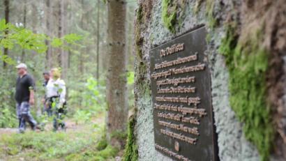 Bild: Gabi Schönberger
In die Granitsteine des Naturschutzgebietes Doost eingelassene Bronze-Platten sorgen für Ärger über den neuen Findlingsweg.