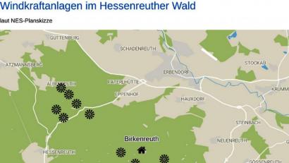 Bild: exb
Die möglichen Standorte der 13 Windräder nach einer Planskizze der Firma NES.