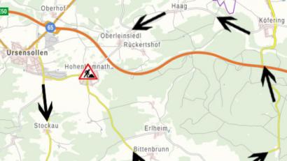 Bild: Landratsamt Amberg-Sulzbach
Die Kreisstraße AS 15 bekommt im September einen neuen Fahrbahnbelag. Dafür muss sie im Bereich der Ortsdurchfahrt von Ursensollen gesperrt werden. Die Umleitung führt über Hausen nach Hohenkemnath beziehungsweise weiter nach Köfering.