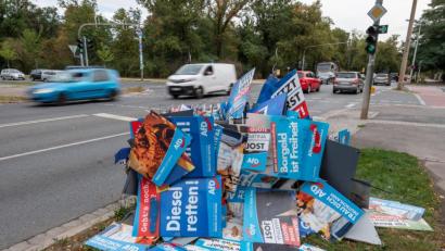 Bild: Robert Michael/dpa-Zentralbild/dpa
Wahlplakate der AfD zur Landtagswahl in Sachsen liegen in Dresden am Straßenrand auf einem Haufen.