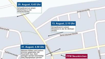 Grafik: jak
An fünf Orten rund um das Gebäude der Freiwilligen Feuerwehr Neunkirchen hat es in den vergangenen acht Wochen gebrannt. Die letzten drei Brände passierten innerhalb von drei Tagen.