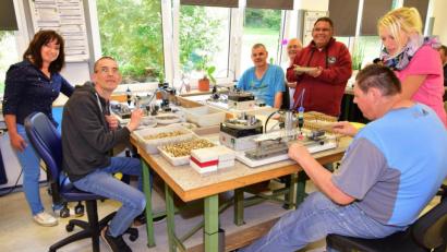 Bild: no
Eine Gruppe bei der Montage von Kupplungen. Links im Bild die Leiterin der arbeitstherapeutischen Werkstatt, Elfriede Pirner, rechts Heilerziehungspflegerin Anja Dotzler.