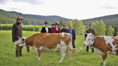 Bild: fph
Vorfreude auf den Handwerker- und Erntemarkt: Im Bild von links Martin Dengler, Moritz, freireisender Wandergeselle, Klaus Wiedemann, Landwirt aus Wintersreuth, Josephine, Wandergesellin aus dem freien Begegnungsschacht, Alexander Christoph, Landwirt aus Stemmas, der Hohenberger Bürgermeister Jürgen Hoffmann und Reinhard Kraus, Landwirt aus Hundsbach, auf der Rinderweide.
