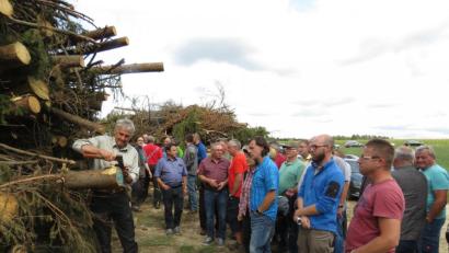 Bild: ubb
Revierförster Karlheinz Melzer zeigte den Waldbesitzern bei der Borkenkäfer-Infoveranstaltung, wie es unter der Rinde aussieht.