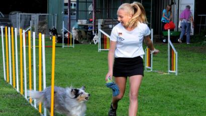 Bild: Stephan Huber
Wieselflink flitzt Chino durch die Slalom-Stangen. Beim Training sind Hilfsmittel wie ein Spielzeug erlaubt, beim Turnier muss Jana Remer darauf verzichten. Leine, Halsband, Spielzeug oder Leckerlis sind bei den Wettkämpfen verboten.