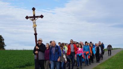 Bild: du
An der 35. Pfarrwallfahrt zum Fahrenberg beteiligen sich heuer 42 Pilger aus der Pfarrgemeinde Schirmitz/Bechtsrieth. An der Spitze des Zuges wird das große Wallfahrtskreuz mitgetragen.