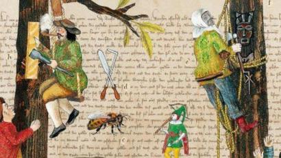 Bild: exb
„Zeidler auf der Jagd“: Zeidler beim Rauben des Wildbienenhonigs und beim Verschließen des Bienenstocks mit einem Brett. (Quelle: Lehnherr/Thomas in „Natur- und Kulturgeschichte der Honigbiene“)