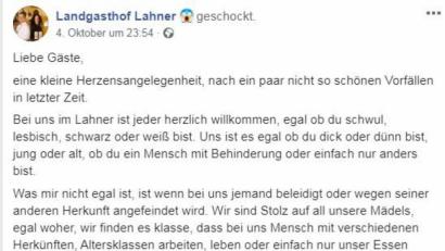 Screenshot: Facebook/Landgasthof Lahner
Der Gastwirt des Landgasthof Lahner in Oberfranken bezieht klar Stellung.