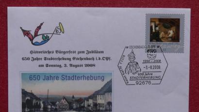 Bild: rn
Mit Schmuckumschlag und Sonderstempel begleiteten die Briefmarkenfreunde im Jahr 2008 das Jubiläum der Stadt